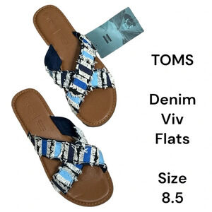 Toms blue denim slip on slides Viv flats size 8.5
